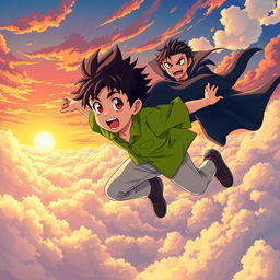 An anime-style scene featuring a young boy with spiky hair, wearing a bright green shirt and light-colored pants, soaring through a vibrant sky filled with fluffy clouds and a beautiful sunset