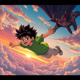 An anime-style scene featuring a young boy with spiky hair, wearing a bright green shirt and light-colored pants, soaring through a vibrant sky filled with fluffy clouds and a beautiful sunset