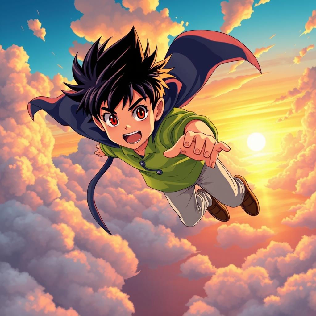 An anime-style scene featuring a young boy with spiky hair, wearing a bright green shirt and light-colored pants, soaring through a vibrant sky filled with fluffy clouds and a beautiful sunset