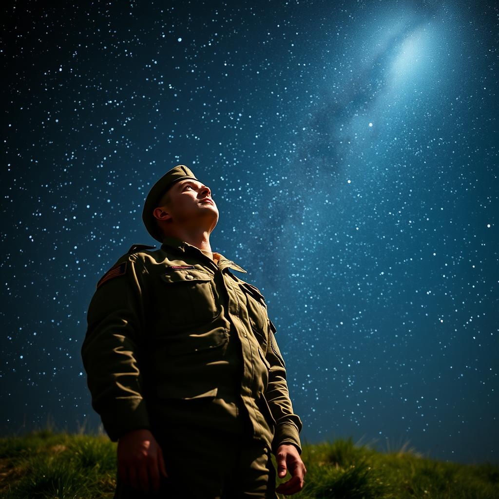 A military man in full uniform gazing up at a breathtaking starry sky, with countless stars sparkling above him