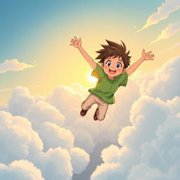 An anime-style illustration of a young boy soaring up into the sky, wearing a bright green shirt and light-colored pants