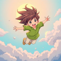 An anime-style illustration of a young boy soaring up into the sky, wearing a bright green shirt and light-colored pants