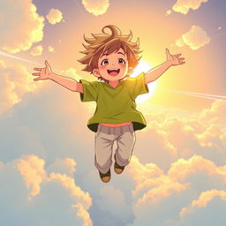 An anime-style illustration of a young boy soaring up into the sky, wearing a bright green shirt and light-colored pants