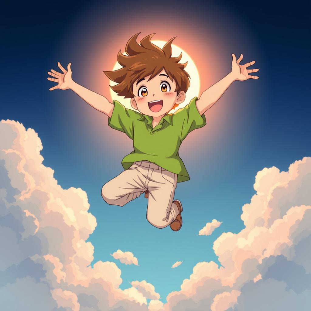 An anime-style illustration of a young boy soaring up into the sky, wearing a bright green shirt and light-colored pants