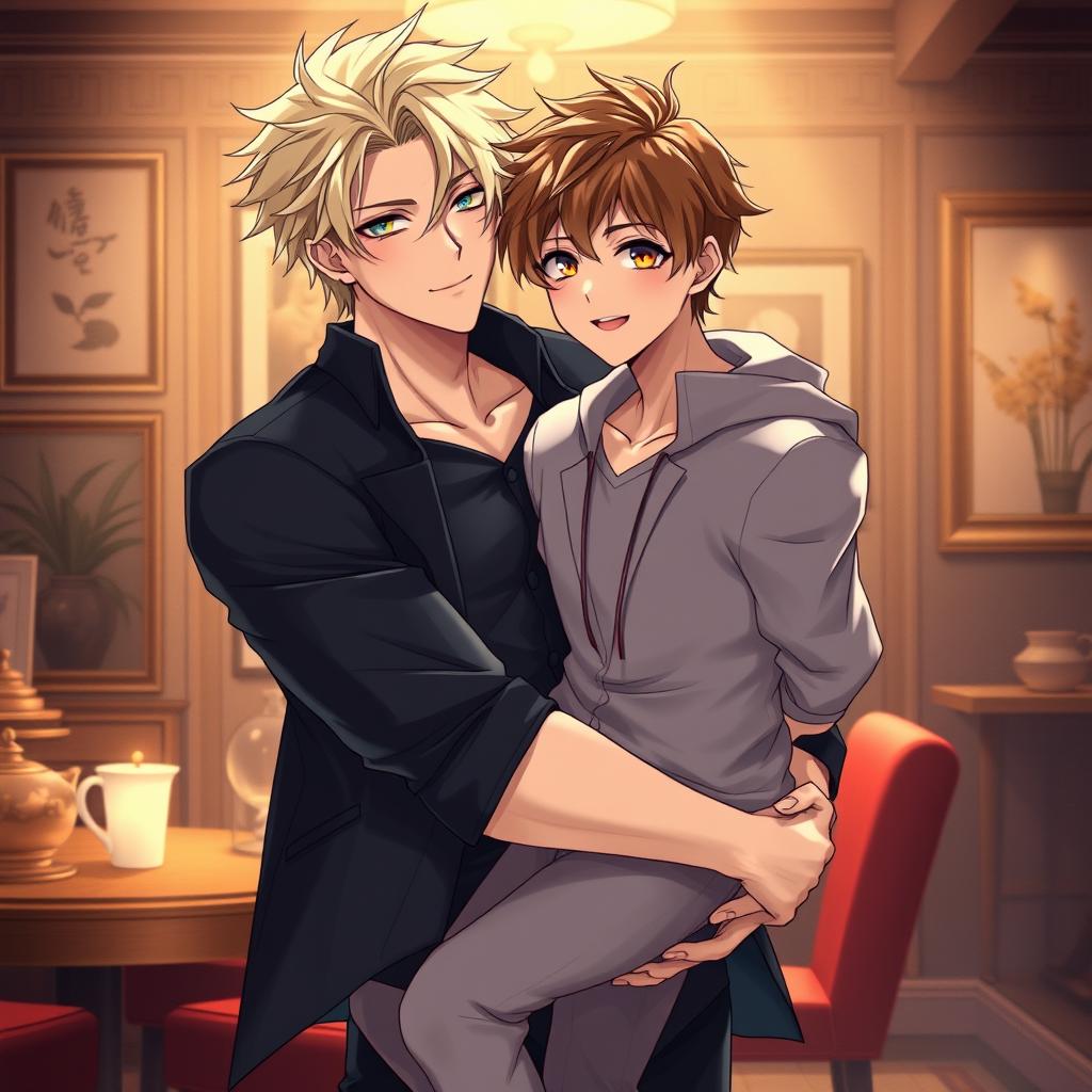 An engaging anime scene featuring two young adult males aged 20-21 in a stylishly illustrated, mature setting
