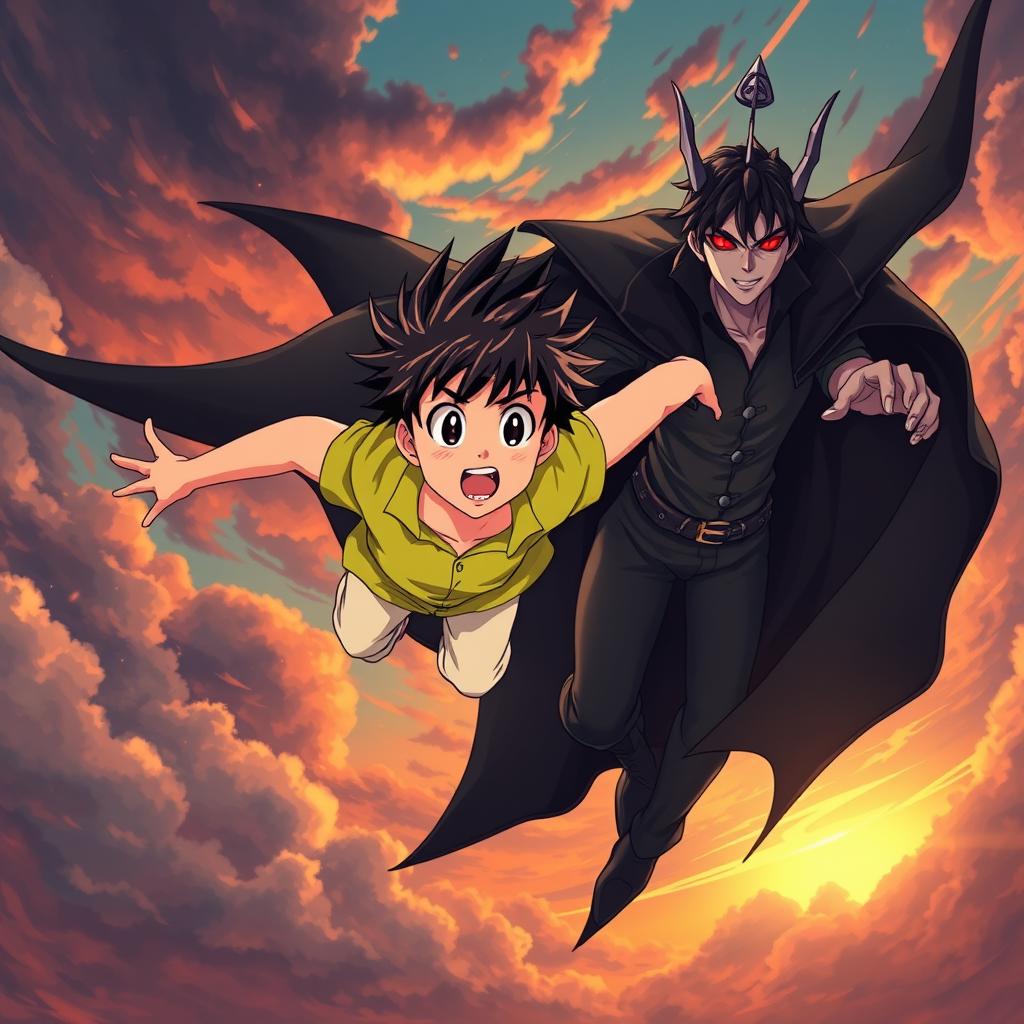 An anime-style illustration of a young boy with spiky hair, wearing a bright green shirt and light-colored pants, soaring through a dramatic sky