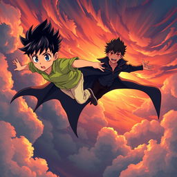 An anime-style illustration of a young boy with spiky hair, wearing a bright green shirt and light-colored pants, soaring through a dramatic sky