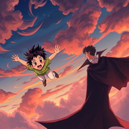 An anime-style illustration of a young boy with spiky hair, wearing a bright green shirt and light-colored pants, soaring through a dramatic sky