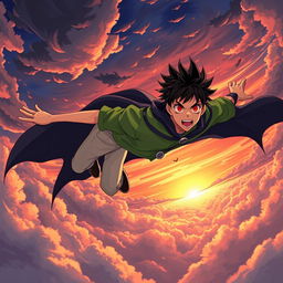 An anime-style illustration of a young boy with spiky hair, wearing a bright green shirt and light-colored pants, soaring through a dramatic sky