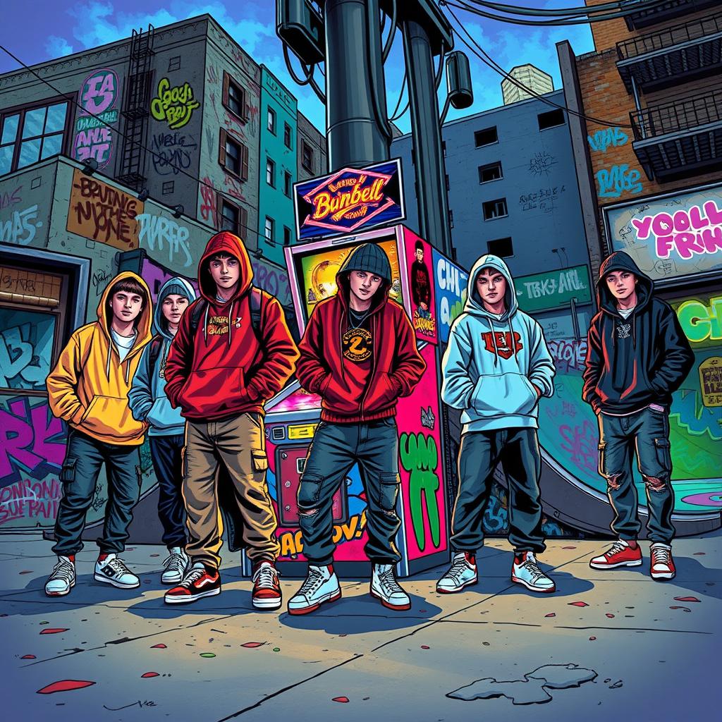 A dynamic urban scene featuring a group of teenage delinquents hanging around a vibrant, graffiti-covered street corner near a brightly colored pinball machine