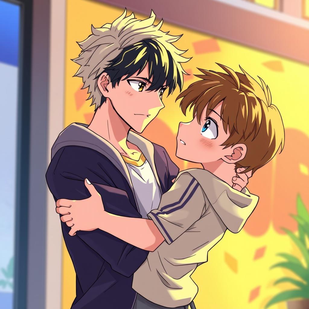 A captivating anime scene featuring two young adult males aged 20-21 in a stylishly illustrated setting