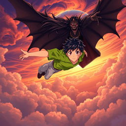 An anime-style illustration of a teenage boy with tousled hair, wearing a bright green shirt and light pants, soaring through a dramatic sky