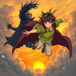 An anime-style illustration of a teenage boy with tousled hair, wearing a bright green shirt and light pants, soaring through a dramatic sky