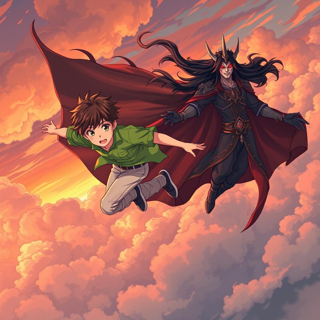 An anime-style illustration of a teenage boy with tousled hair, wearing a bright green shirt and light pants, soaring through a dramatic sky