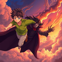 An anime-style illustration of a teenage boy with tousled hair, wearing a bright green shirt and light pants, soaring through a dramatic sky