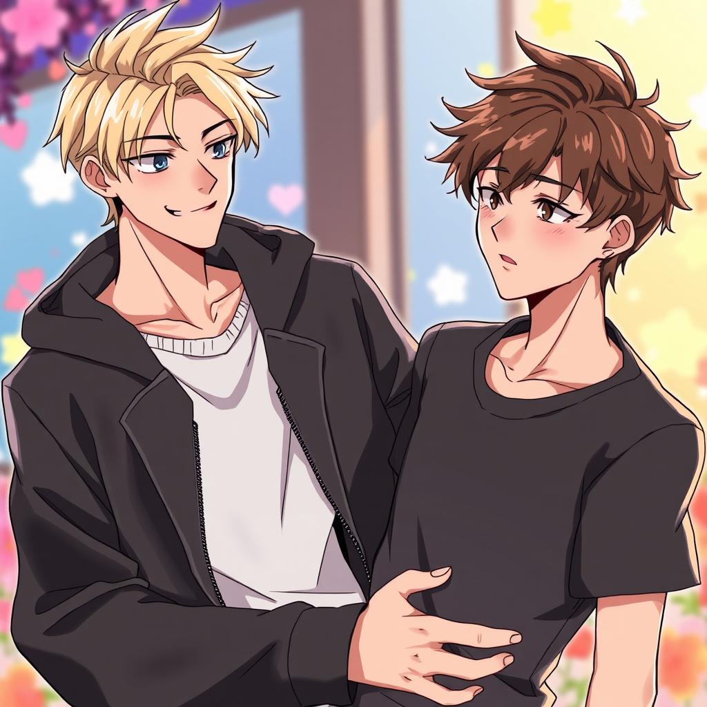 A captivating anime scene featuring two young adult males aged 20-21 in a stylishly illustrated setting