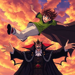 An anime scene featuring a teenage boy wearing a vibrant green shirt and light-colored pants, soaring through the sky with determination