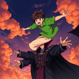 An anime scene featuring a teenage boy wearing a vibrant green shirt and light-colored pants, soaring through the sky with determination