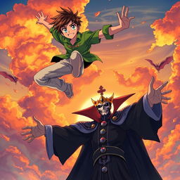 An anime scene featuring a teenage boy wearing a vibrant green shirt and light-colored pants, soaring through the sky with determination