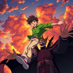 An anime scene featuring a teenage boy wearing a vibrant green shirt and light-colored pants, soaring through the sky with determination