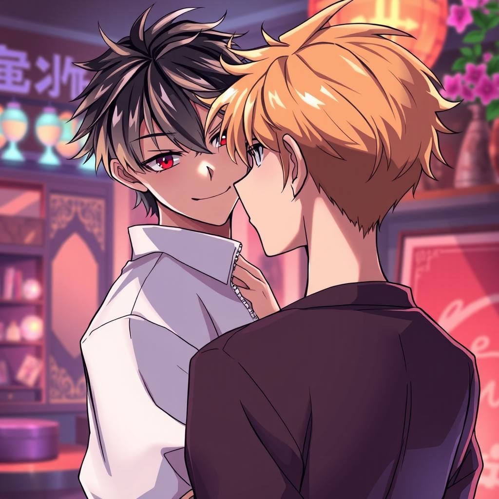 An intriguing anime scene featuring two young adult males aged 20-21 in a stylishly illustrated, mature setting
