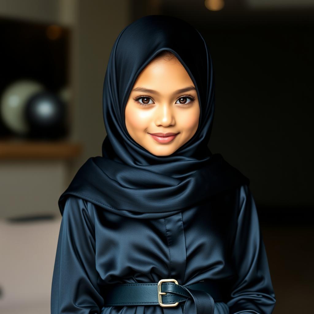 A stunningly beautiful girl with an indescribable beauty, wearing a glossy black silk hijab