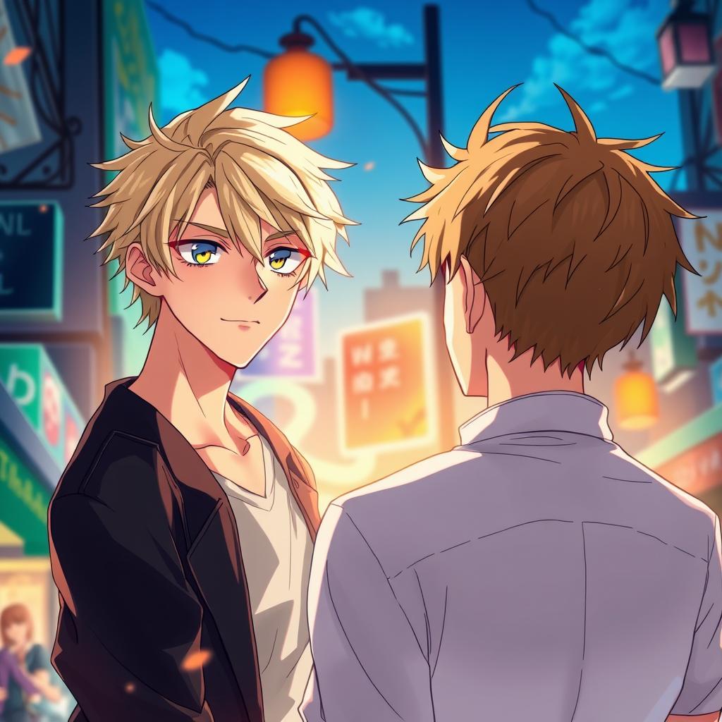 A captivating anime scene featuring two young adult males aged 20-21 in a stylishly illustrated setting