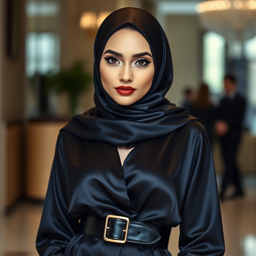 A 37-year-old stunningly beautiful woman with an indescribable beauty, wearing a glossy black silk hijab