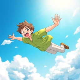 An anime-style illustration of a teenage boy joyfully flying in the sky, wearing a bright green shirt and light-colored pants