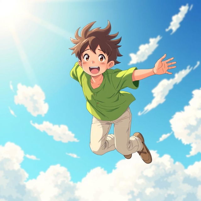 An anime-style illustration of a teenage boy joyfully flying in the sky, wearing a bright green shirt and light-colored pants