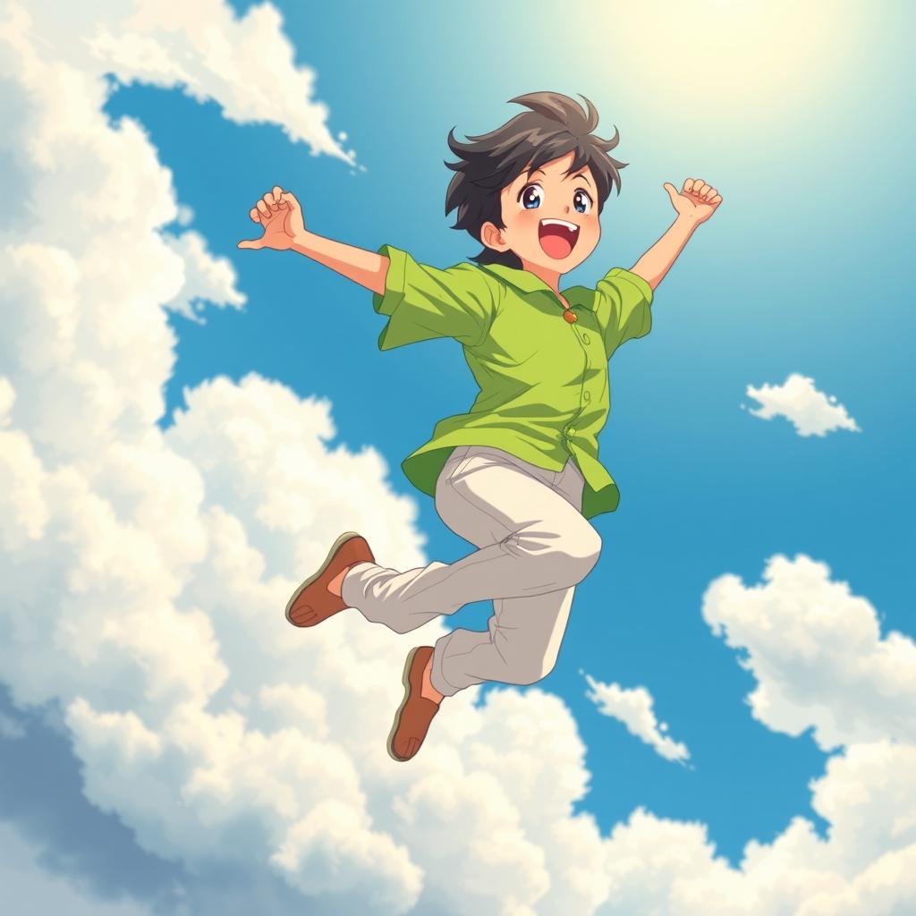 An anime-style illustration of a teenage boy joyfully flying in the sky, wearing a bright green shirt and light-colored pants