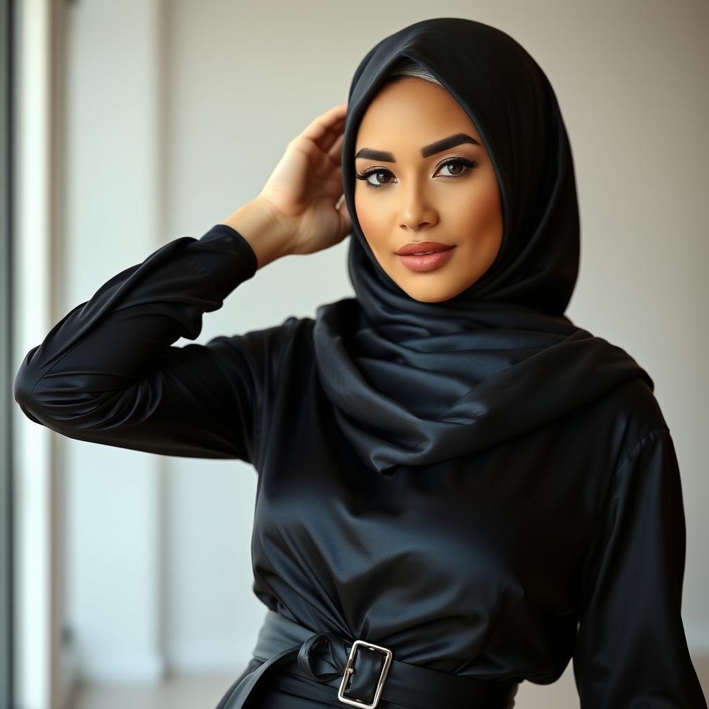 A stunning 37-year-old woman with indescribable beauty, wearing a shiny black silk hijab that frames her face elegantly