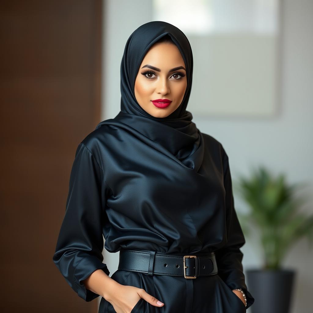 A breathtaking 37-year-old woman with indescribable beauty, gracefully wearing a lustrous black silk hijab that complements her elegant style