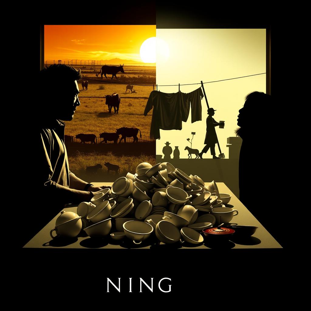 A dramatic movie poster showcasing a silhouette of a man and a woman engaged in an intense argument at a table surrounded by a mountain of dirty dishes