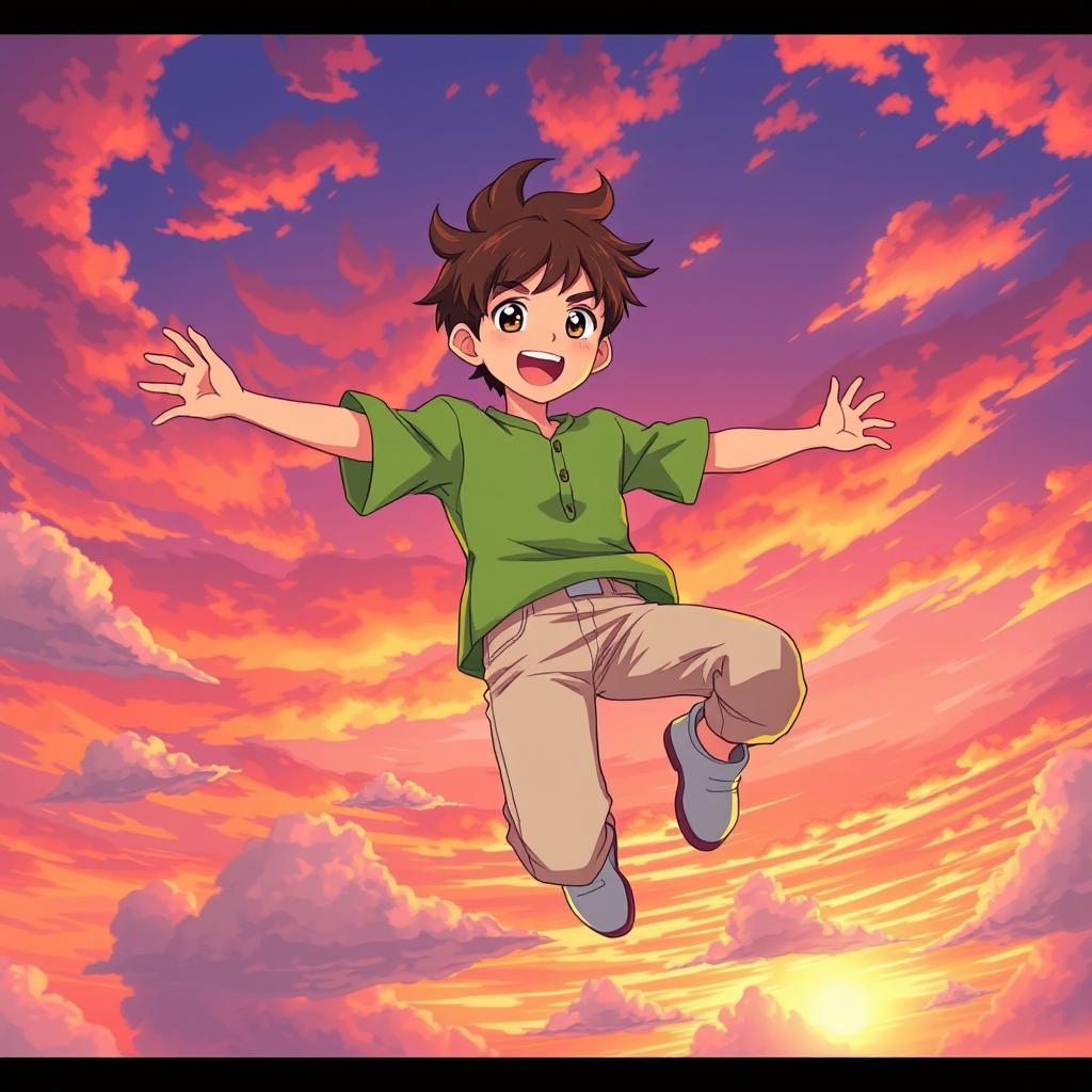 An anime-style illustration of a teenage boy joyfully flying through a sunset sky