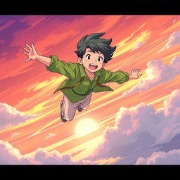 An anime-style illustration of a teenage boy joyfully flying through a sunset sky