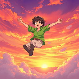 An anime-style illustration of a teenage boy joyfully flying through a sunset sky