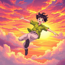 An anime-style illustration of a teenage boy joyfully flying through a sunset sky