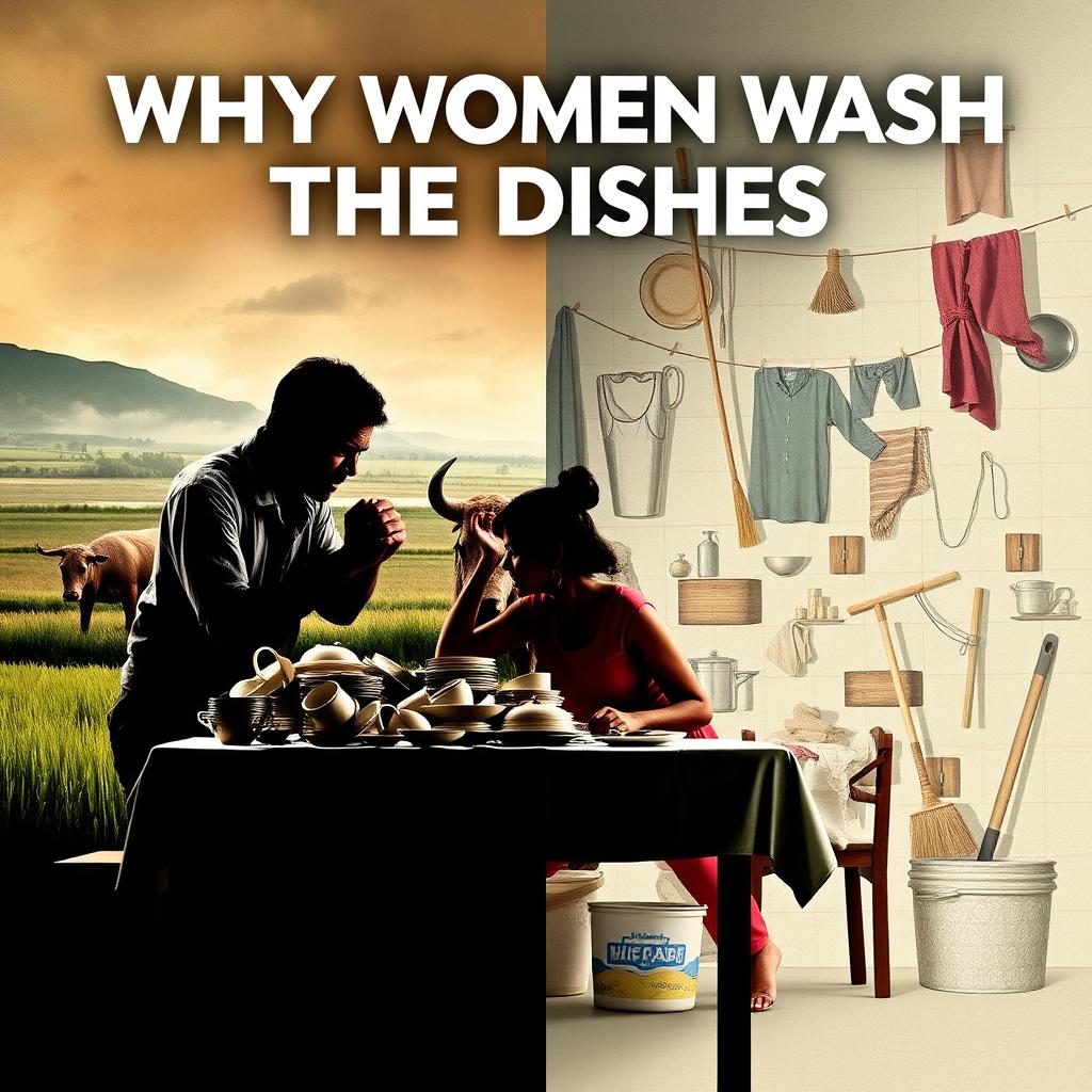 A movie poster titled 'Why Women Wash the Dishes' featuring a dramatic split background