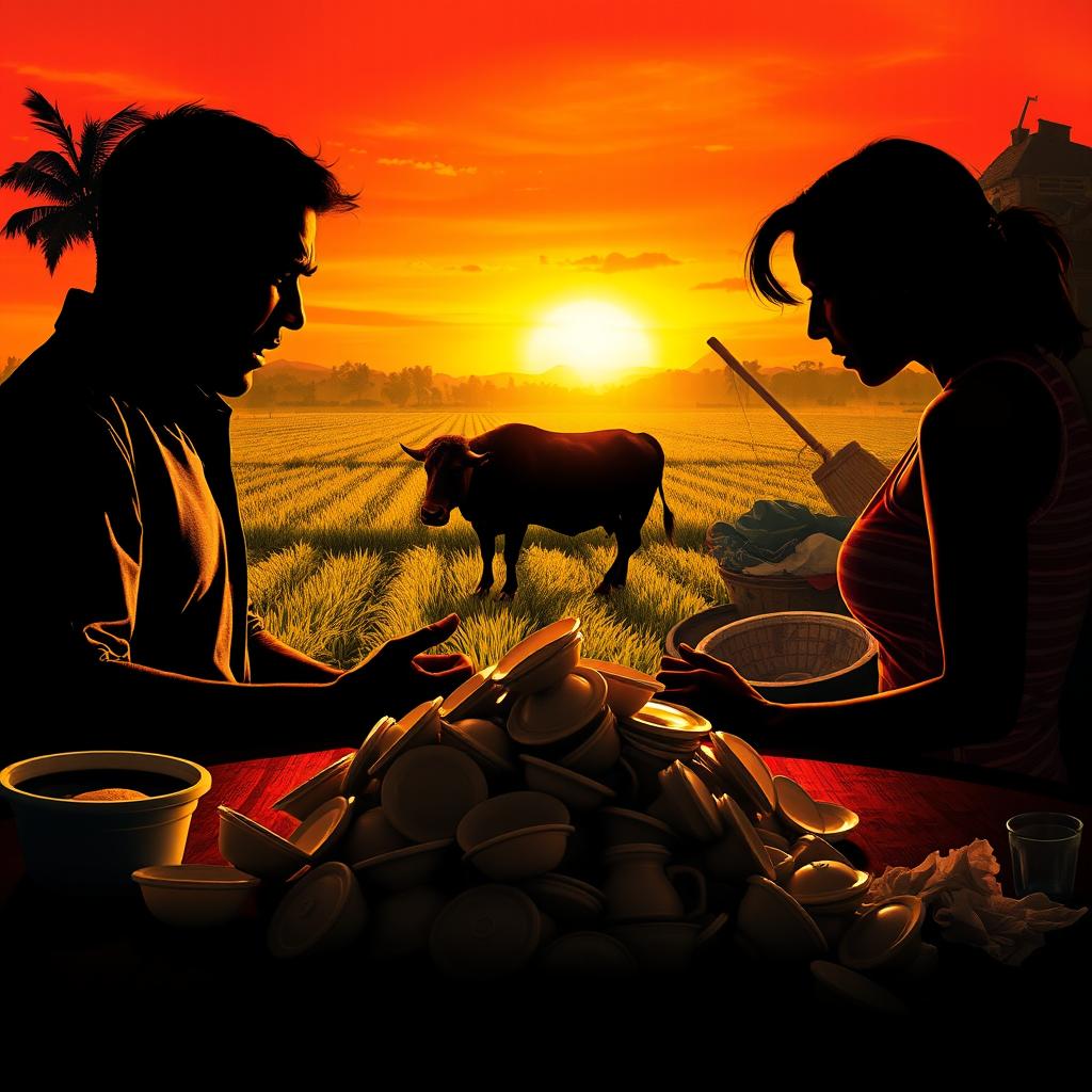 A movie poster depicting a tense argument between a silhouette of a man and a woman at a table with a large pile of unwashed dishes in the foreground