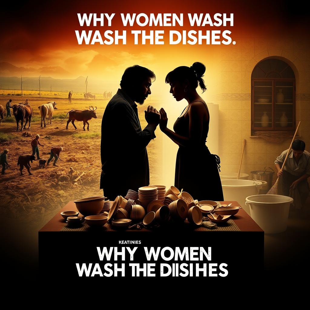 A dramatic movie poster titled 'Why Women Wash the Dishes', featuring a striking silhouette of a man and a woman in an intense argument at a table cluttered with a pile of unwashed dishes