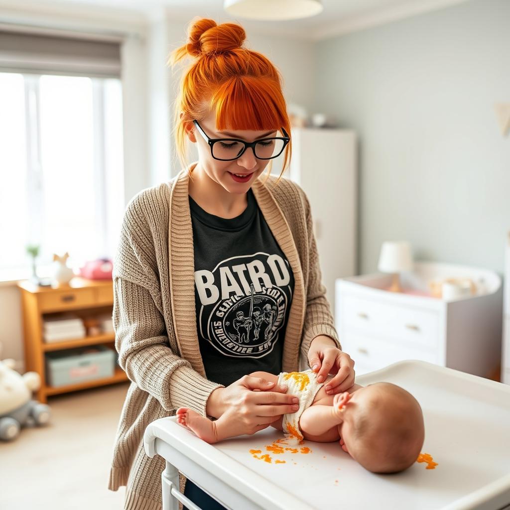 A short Irish girl in her early 20s with vibrant orange hair tied up, wearing stylish glasses