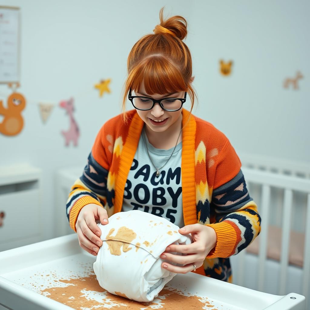 A short Irish girl in her early 20s with vibrant orange hair tied up, wearing stylish glasses