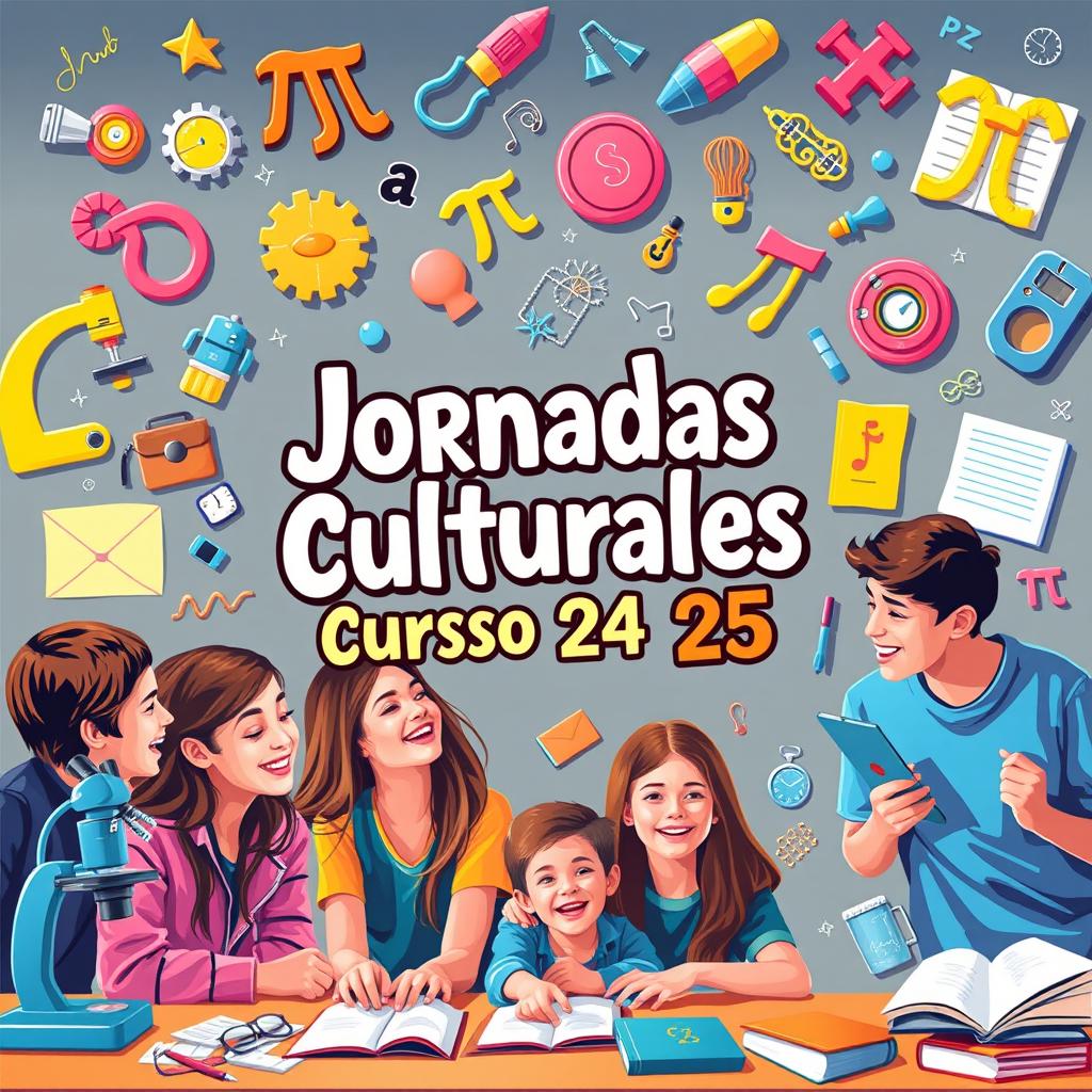 A vibrant school poster featuring teenagers enjoying a day at school, surrounded by elements such as microscopes, robots, the number pi, musical instruments, and poems