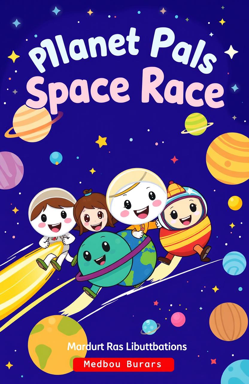 A vibrant and colorful children's book cover titled 'Planet Pals Space Race'
