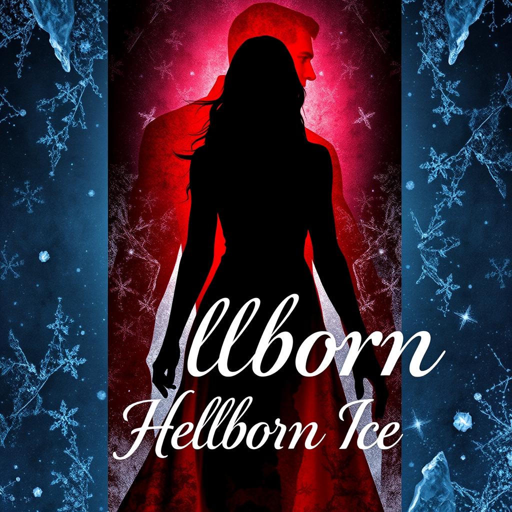 A captivating book cover design for 'Hellborn Ice' featuring the black silhouette of a woman dramatically positioned in front of the red silhouette of a man