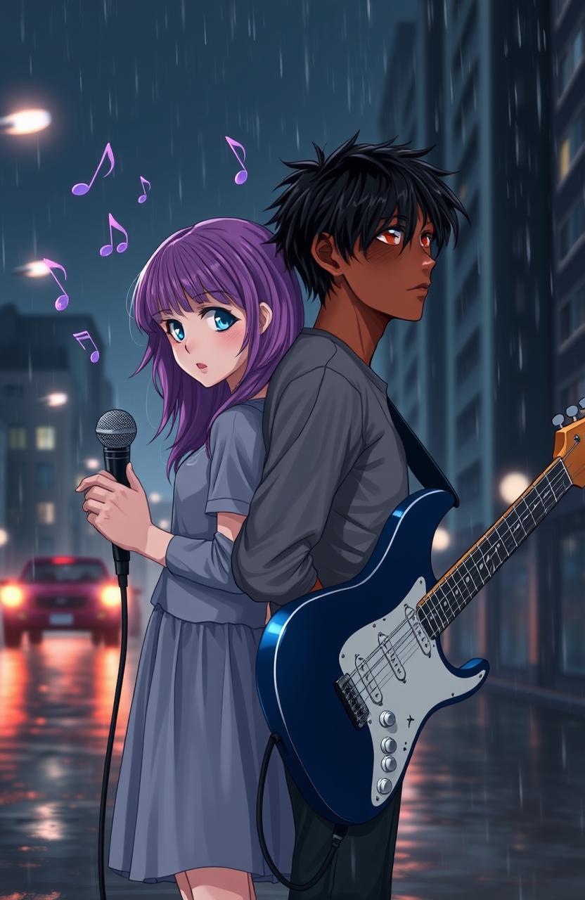 A white girl with violet hair and blue eyes, holding a microphone in her hand, standing back-to-back with a boy who has olive skin, brown eyes, and black hair, holding an electric guitar