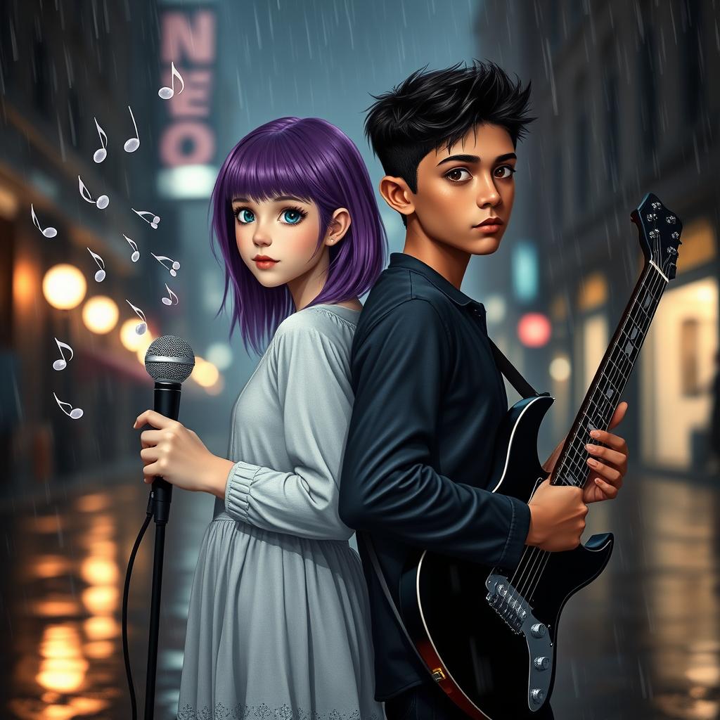 A white girl with violet hair and blue eyes, holding a microphone in her hand, standing back-to-back with a boy who has olive skin, brown eyes, and black hair, who is holding an electric guitar