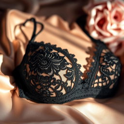 A sensual close-up shot of a black lace bra, elegantly placed on a soft satin fabric surface