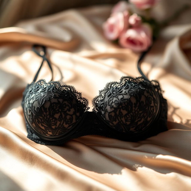 A sensual close-up shot of a black lace bra, elegantly placed on a soft satin fabric surface